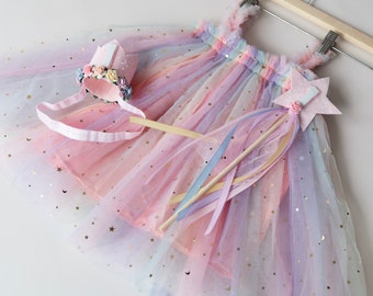 Rainbow Cake Smash Outfit: First Birthday Girl Dress, Crown & Wand