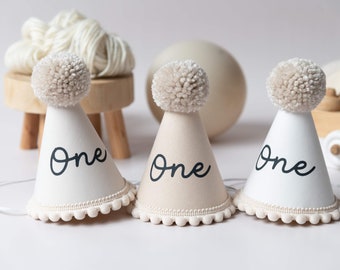 First Birthday Pom Pom Hat: Beige Cake Smash Prop