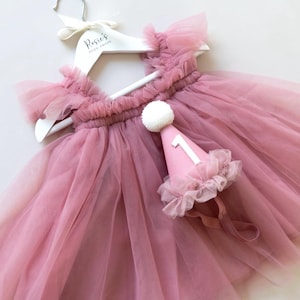 Dusky Rose Pink Baby Girl Birthday Dress, Cake Smash Outfit, First Birthday Tutu Dress & Hat