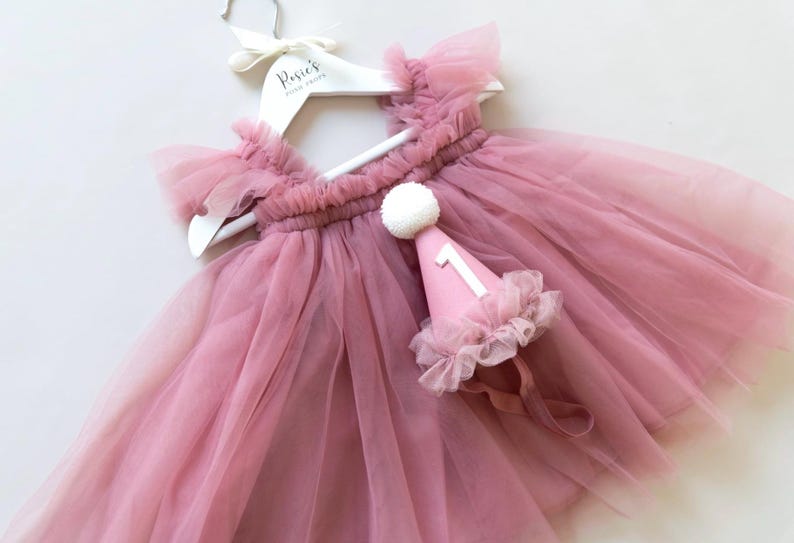 Dusky Rose Pink Baby Girl Birthday Dress, Cake Smash Outfit, First Birthday Tutu Dress & Hat