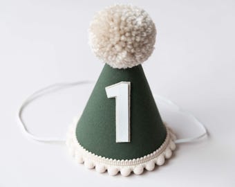 May include: A green party hat with a white pom-pom on top and a white number "1" on the front. The hat has a white pom-pom trim around the bottom.