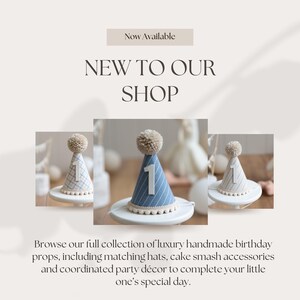 May include: The image shows three birthday party hats, each with a number 1. The hats are in various designs, including blue stripes, blue with a white number, and a plaid pattern. Each hat has a beige pom-pom and sits on a white cake stand. Text reads "Now Available" and "NEW TO OUR SHOP".