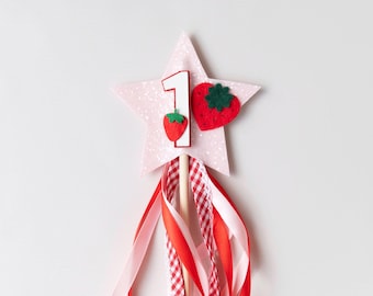 Strawberry 1st Birthday Wand, Pink Glitter Star, Cake Smash Prop