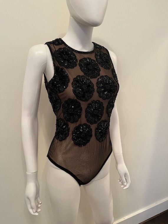 Medium 1990s Oleg Cassini Black Tie Blue Formal Gown Beaded Sweetheart Neckline