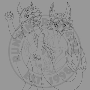 May include: Line art illustration of a furry, winged creature with a long tail. The creature has a large head with a pointed snout and large eyes. The creature is standing on all fours and has its wings spread out.