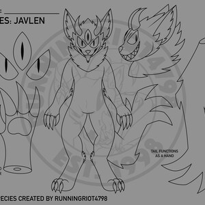 Puede incluir: Ilustración en blanco y negro de un personaje de la especie Javlen con tres ojos, garras afiladas y una cola detallada. La imagen incluye elementos de diseño adicionales como una pata, variaciones de ojos y un perfil de cabeza. El texto incluye "NAME:" y "SPECIES: JAVLEN".