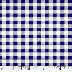 May include: A white and navy blue gingham fabric with a 1/16 inch scale.