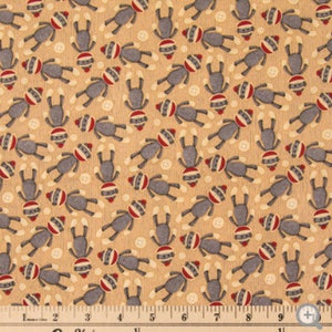 May include: A beige fabric with a repeating pattern of gray sock monkeys. The monkeys are wearing red hats and have white eyes. The fabric is textured and has a subtle sheen.