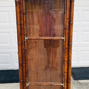 1970s Weiman Hollywood Regency Campaign Style Faux Bamboo & Glass Curio China Cabinet