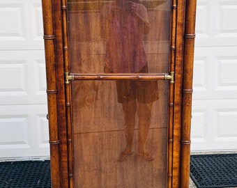 1970s Weiman Hollywood Regency Campaign Style Faux Bamboo & Glass Curio China Cabinet