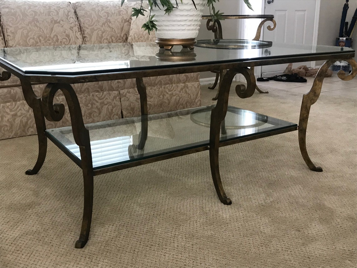 Ethan Allen coffee table. with glass top and bottom shelf. Etsy