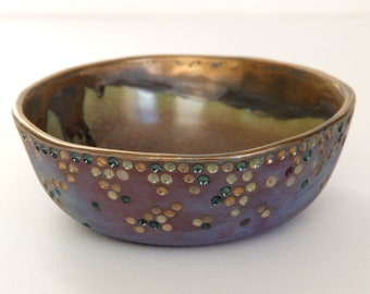 Blue Brown Silver decorative small ceramic bowl contemporary art handmade clay bowl chrome and speckled stoneware jewelry ring dish