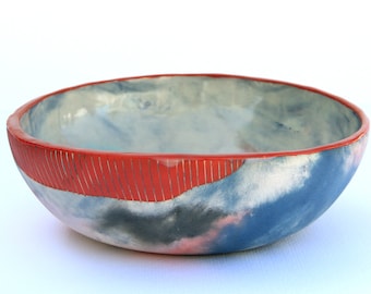 Blue Brown Silver decorative small ceramic bowl contemporary art handmade clay bowl chrome and speckled stoneware jewelry ring dish