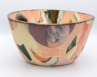 Peach pink marbled gold Nerikomi Ceramic Bowl, Abstract tropical clay centerpiece, Tall round colorful terrazzo stoneware large fruit bowl