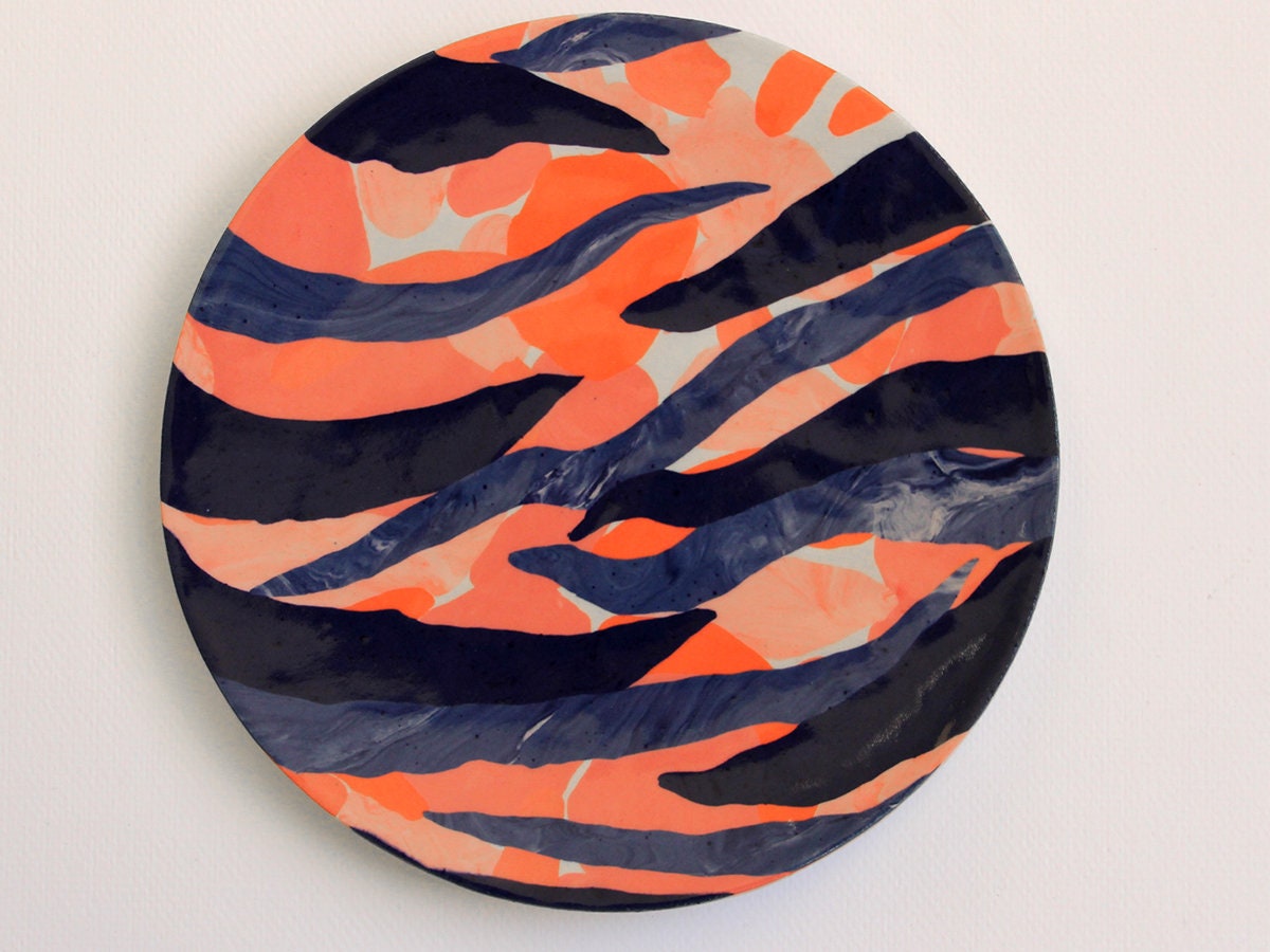 Tropical Leaf Sunset Nerikomi Plaque en Céramique, Blue Pink Rose Navy Marbled Stoneware Dinner Plat