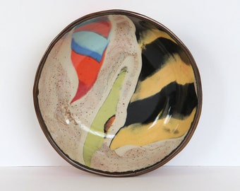 Tropical colorful Nerikomi Ceramic Bowl, Red Blue yellow black white sand small Dish, Contemporary Stoneware Bowl, Gold beach sand bowl
