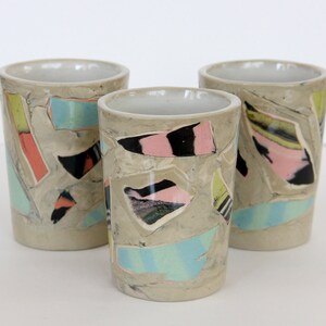 Pink Gray Neon Nerikomi Tumbler, Colorful Marbled mosaic Ceramic Cup, Contemporary Abstract striped cups, Blue Yellow pink collage cups