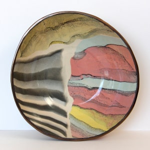 Large Nerikomi Ceramic Bowl, Colorful tropical large round centerpiece, Contemporary black & white stripe pink blue yellow ceramic bowl