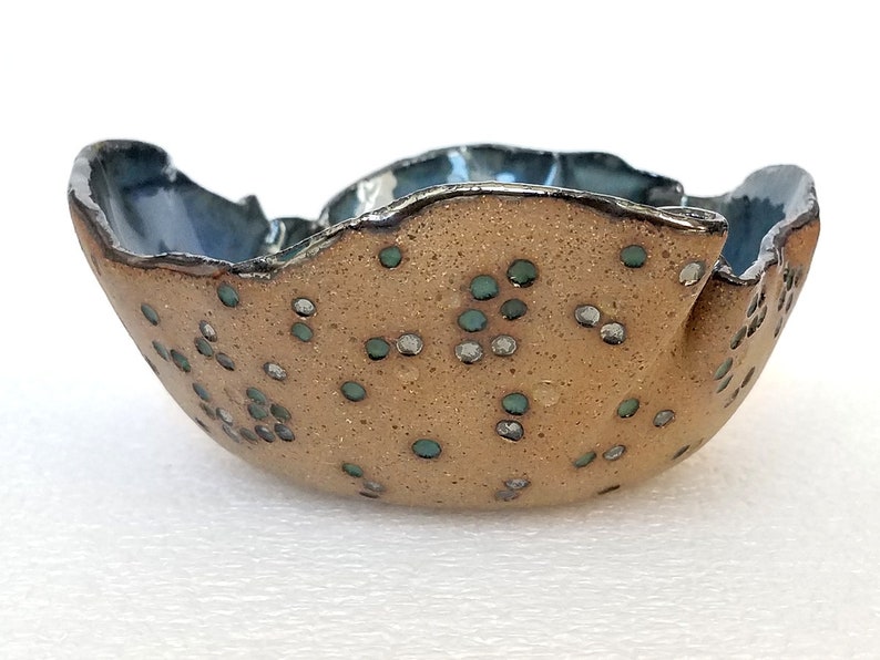 Blue Brown Silver decorative small ceramic bowl contemporary art handmade clay bowl chrome and speckled stoneware jewelry ring dish