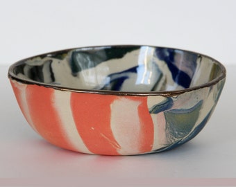 Salmon Striped Nerikomi Ceramic Bowl, Orange green Marbled Dish, Contemporary Gold blue Stoneware Bowl, Abstract tropical design small dish