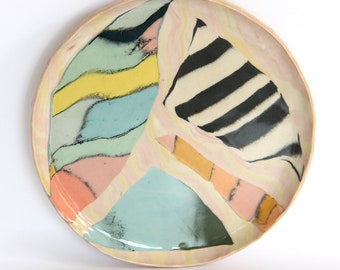 Small Colorful Nerikomi Plate, marbled ceramic breakfast plate set, Contemporary pastel dessert clay dish, Yellow pink blue stoneware plate