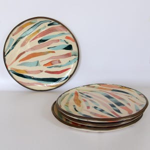 Vibrant Colorful Rainbow striped marbled Nerikomi Ceramic Plates, Contemporary clay bright collaged mixed pattern large 10 inch dinner plate