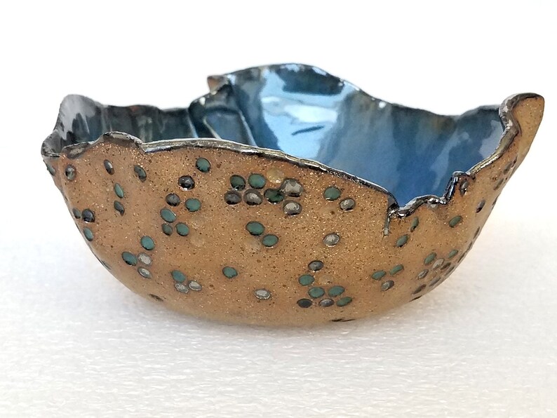 Blue Brown Silver decorative small ceramic bowl contemporary art handmade clay bowl chrome and speckled stoneware jewelry ring dish