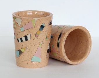 Pink coral nerikomi short cups, Abstract terrazzo pastel rainbow colorful Ceramic tumblers, Contemporary Stoneware striped blue collage cup