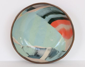 Tropical blue Nerikomi Ceramic Bowl, Green red Striped Marbled Dish, Contemporary colorful Stoneware Bowl, Abstract Gold pastel pink dish