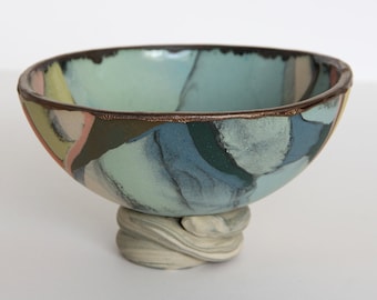 Sculptural foot Nerikomi Ceramic Bowl, Blue yellow rainbow Marbled Dish, Contemporary colorful Stoneware Bowl, Abstract Gold vibrant bowl