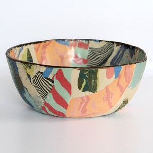 Imperfect Colorful Large Nerikomi Ceramic Bowl, Blue Green Red Orange Mixed Pattern Centerpiece, Contemporary Marbled Stoneware striped Bowl