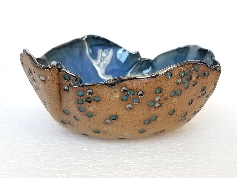 Blue Brown Silver decorative small ceramic bowl contemporary art handmade clay bowl chrome and speckled stoneware jewelry ring dish