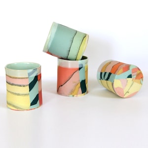 Rainbow colorful Nerikomi Ceramic cup, Red pink blue green yellow orange turquoise coral marbled stripe abstract unique Contemporary tumbler