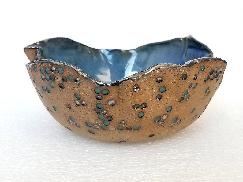Blue Brown Silver decorative small ceramic bowl contemporary art handmade clay bowl chrome and speckled stoneware jewelry ring dish