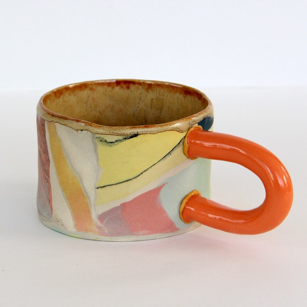 Colorful Nerikomi large mug, Striped pink orange yellow colored clay jumbo coffee mug, Large handle tea cup, Contemporary ceramic unique mug