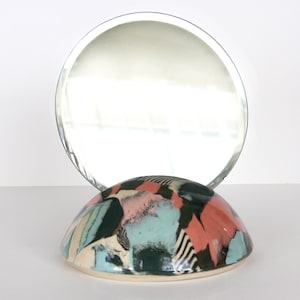 Small Colorful Nerikomi Mirror, Pink blue green ceramic mirror, Wavy turquoise round vanity, Abstract tropical sculpture stoneware mirror