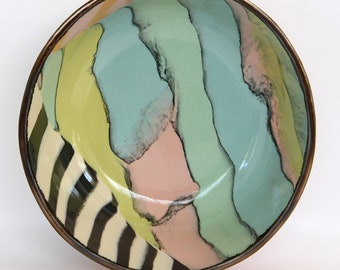 Colorful Nerikomi Ceramic art Bowl, Blue yellow pink green marbled dish, Neon striped ramen bowl, Contemporary pastel rainbow serving bowl
