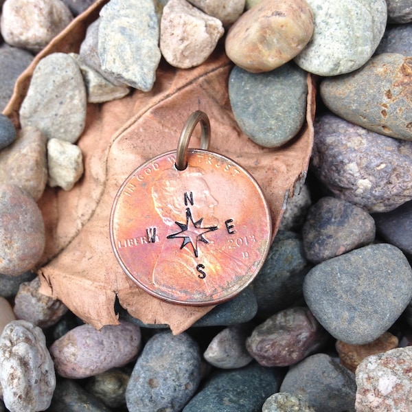 Flattened penny charms - compass - hand stamped