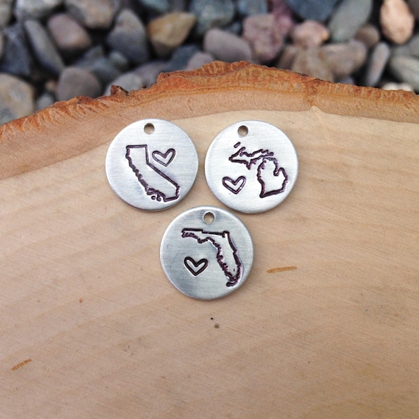 State stamped charms with hearts - all 50 states available customizable