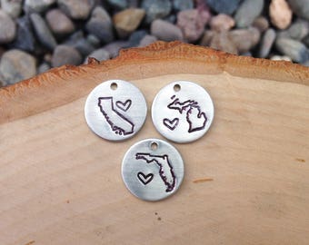 State stamped charms with hearts - all 50 states available customizable