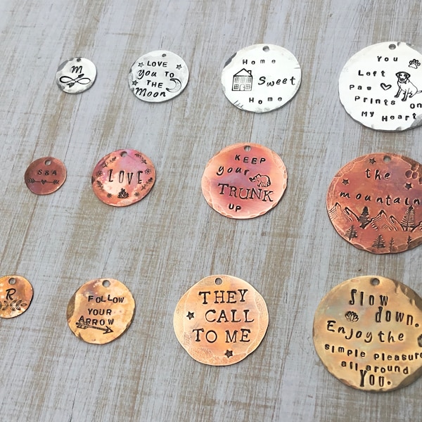 SMALL 3/4” Custom hand stamped 0.75” personalized charms and pendants