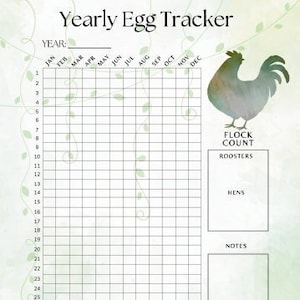 May include: A printable yearly egg tracker with a green watercolor background. The tracker has a grid for recording the number of eggs collected each day of the year. It also includes sections for recording the number of roosters and hens, and a notes section.