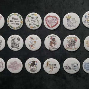 May include: A collection of white, round buttons with various medieval-themed illustrations and text. Designs include a quill and scroll, a cat, a rat, and phrases like "Don't touch me peasant" and "Easily distracted by trinkets."