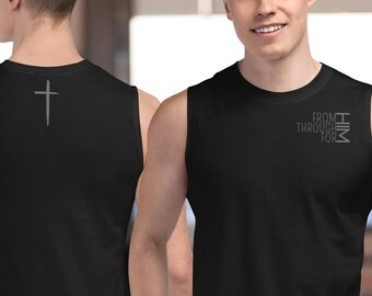 Christian Muscle Shirt - Gray FromHIM11:36 (front) & Cross (back) (Christian Apparel, Jesus Apparel, Christian Merch, Jesus Merch)