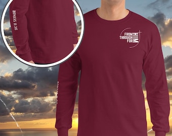 Christian Long Sleeve Shirt - FromHIM Cross Top (front) & Romans 11:36 (right) White
