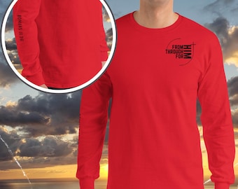 Christian Long Sleeve Shirt - FromHIM Cross Top (front) & Romans11:36 (right), Black