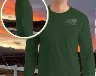 Christian Long Sleeve Shirt - FromHIM (front) & Romans 11:36 (right), Gray