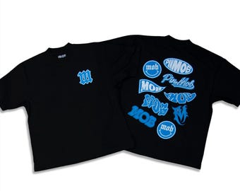 Mob Black Tee, Blue Graphic Shirt, Front & Back