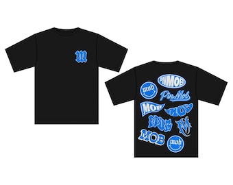 Mob Black Tee, Blue Graphic Shirt, Front & Back