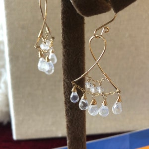 Moonstone earrings, chandelier earrings, 14 K gold filled, wire-wrapped natural crystal, gift for her, wedding jewelry